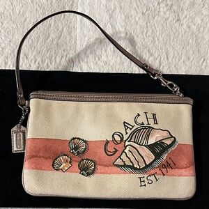 Rare Coach Cream Canvas Wristlet with Pink Stripe & Shell Motif